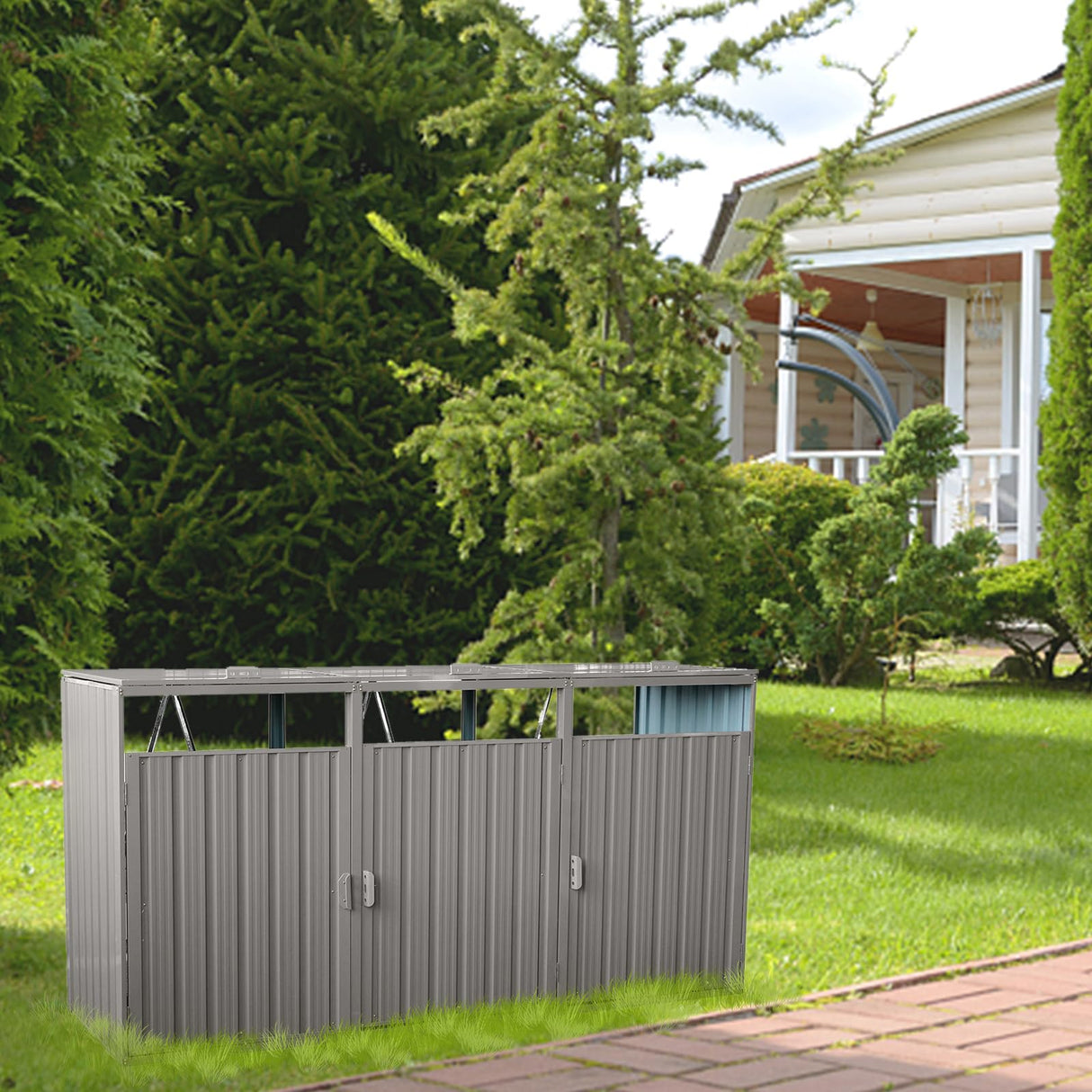 Outdoor Trash Can Storage, Storage Shed for 3 Trash cans and Tools,Waterproof Garbage Bin shed,Metal Trash Can Storage Shed Outdoor for Garden Yard(Light Grey-3 Doors) IMagacFun