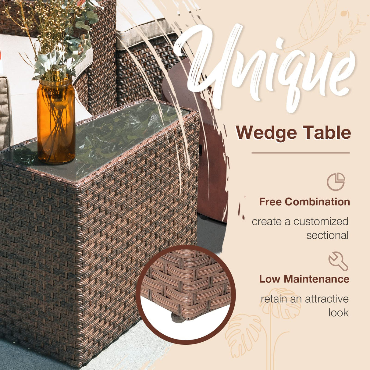 SUNSITT Outdoor Patio 8-Piece Half Moon Curved Furniture Sofa Set Brown Wicker Sectional Sofa Beige Cushions with 2 Side Table SUNSITT