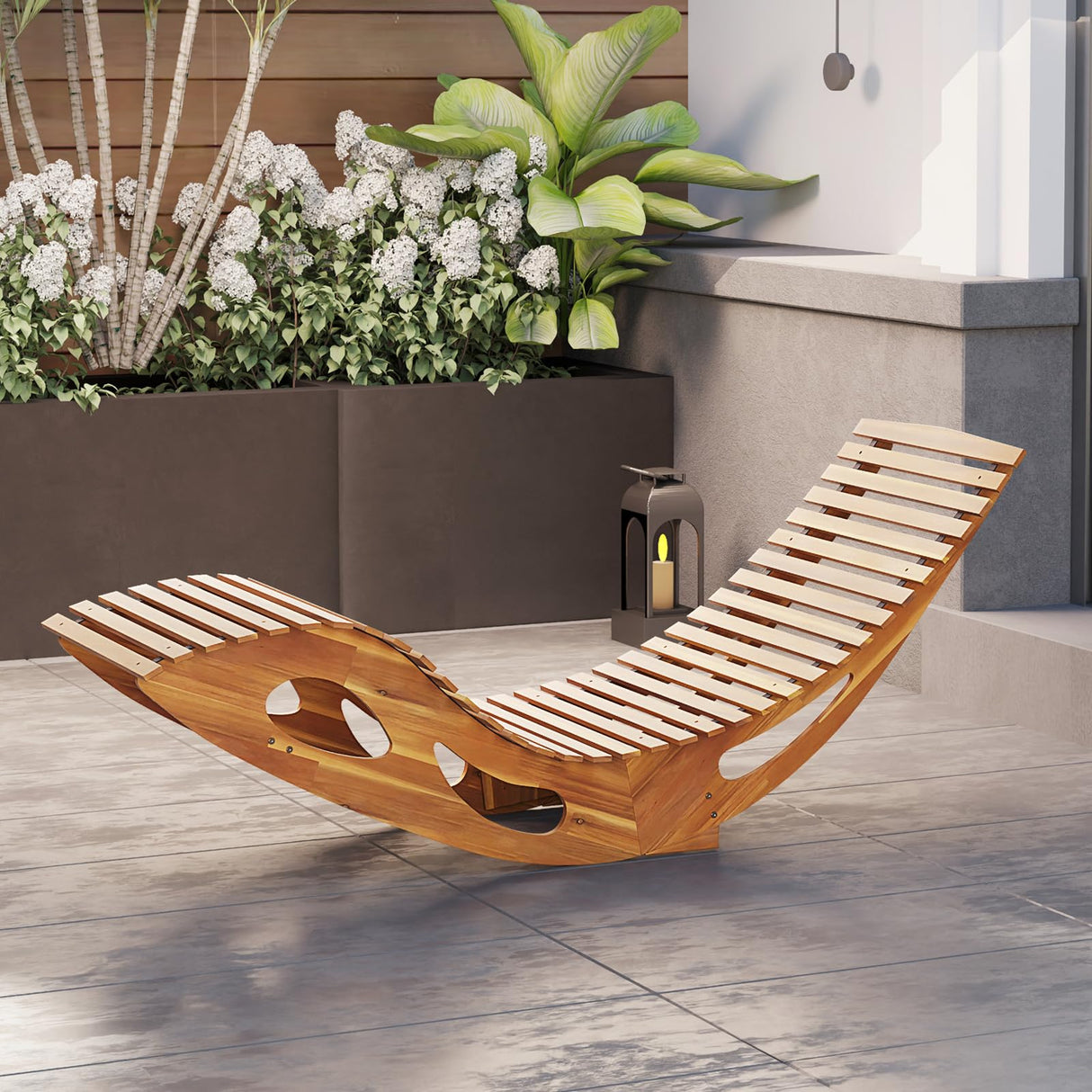 Tangkula Outdoor Chaise Lounge Chair, Acacia Wood Rocking Sun Lounger with Slatted Backrest and Seat, Wooden Rocker Lounge Chair for Patio, Garden and Poolside Tangkula