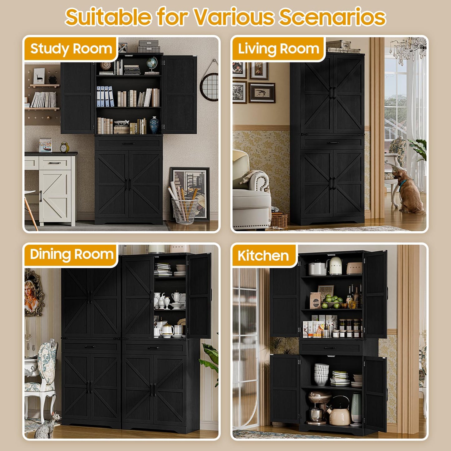 72" Kitchen Pantry Storage Cabinet, Farmhouse Storage Cabinet with Adjustable Shelves, Large Capacity Storage Cabinet with Drawer,Freestanding Cupboard for Kitchen, Dining Room, Living Room, Black