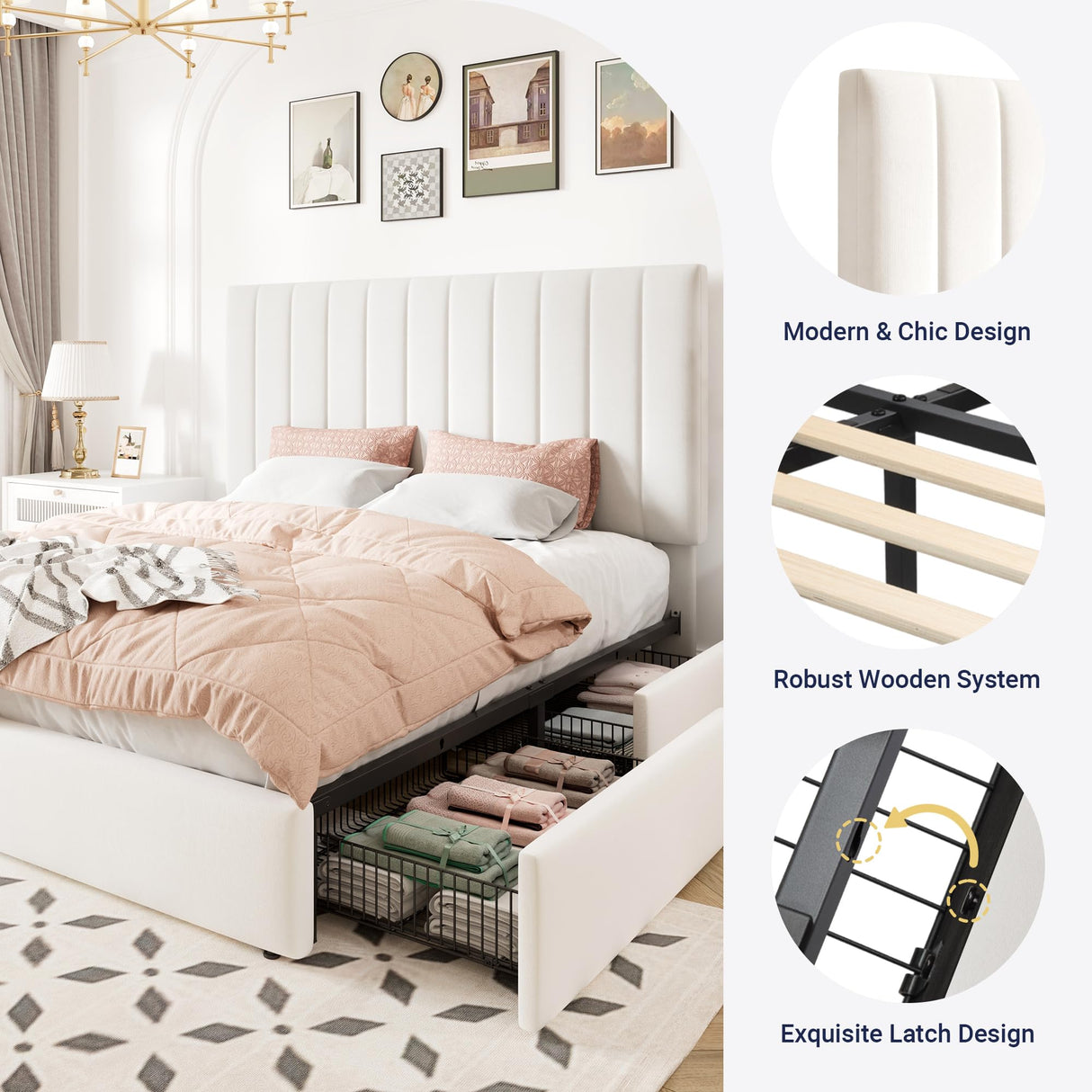 Allewie Queen Size Storage Bed Frame, Vertical Channel Tufted Adjustable Headboard, Velvet Upholstered Platform Bed with 4 Oversized Underbed Drawers, Wooden Slats Support, No Box Spring Needed, White Allewie