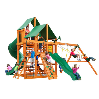 Gorilla Playsets 01-0030-AP-1 Great Skye I Wood Swing Set with Green Vinyl Canopy, Tube Slide, and Rock Wall, Amber