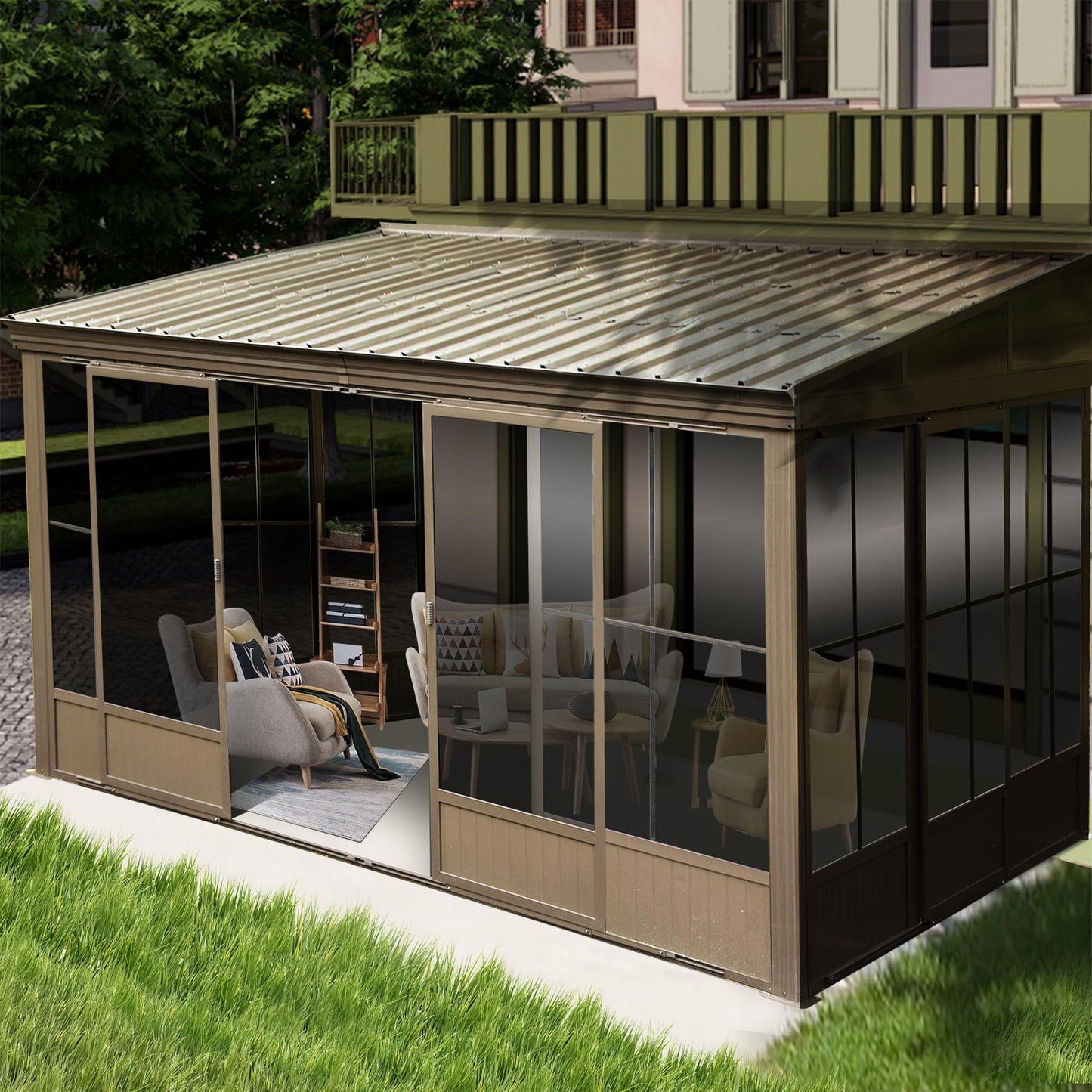 Domi 10’ x 12’ Sunroom, All-Season Wall Mounted Gazebo Solarium with Front Door, Side Entrance, Galvanized Steel Sloping Roof, PVC Screen, Outdoor Permanent Sun Room Lean to Gazebo for Deck P - WoodArtSupply