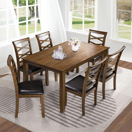 GEPOW Dining Set for 6, Rubber Wood Dining Table with 6 Cushioned Chairs Rustic Kitchen Table, 60" L x 36" W x 30" H - WoodArtSupply