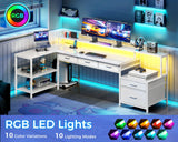 AODK L Shaped Desk with 5 File Drawers, 66" Reversible L Shaped Computer Desk with Power Outlet & LED Strip, Office Desk with Storage Shelves, Gaming Desk with Monitor Shelf, Corner Desk, White AODK