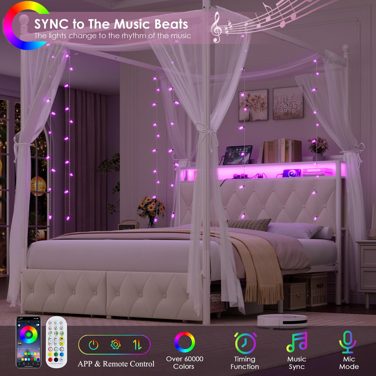 HIFIT Queen Size Upholstered LED Canopy Bed Frame with Storage and Charging Station, Button Tufted Storage Headboard with Bookshelf, Two-Use Metal Platform Bed with 4 Removable Post & 2 Drawers, Biege HIFIT