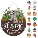 Interchangeable Seasonal Welcome Sign for Front Door, Rustic Round Wood Wreath Wall Hanging Decorations, for Spring Summer Fall Winter All Holiday Halloween Christmas Farmhouse Outdoor Home Decor Super Holiday