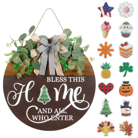 Interchangeable Seasonal Welcome Sign for Front Door, Rustic Round Wood Wreath Wall Hanging Decorations, for Spring Summer Fall Winter All Holiday Halloween Christmas Farmhouse Outdoor Home Decor Super Holiday