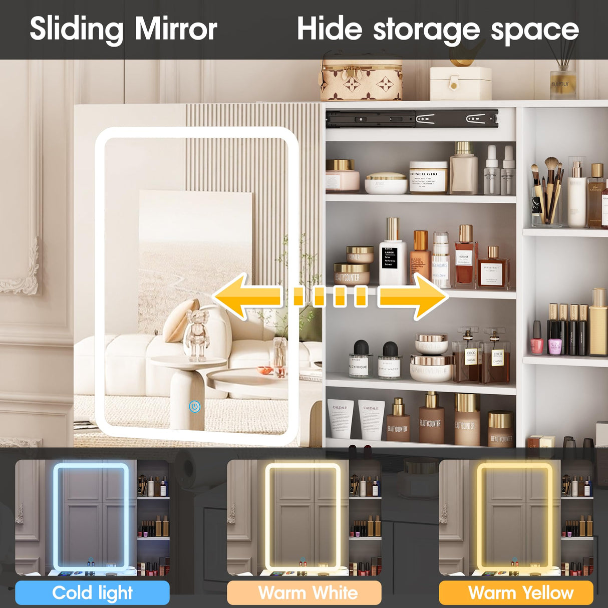 Makeup Vanity Desk with LED Lighted Sliding Mirror, Vanity Table with Jewelry Cabinet and 4 Drawers, Charging Station & Lots Storage Shelves, Adjustable Brightness, Dressing Table Cushioned Stool Set Vabches