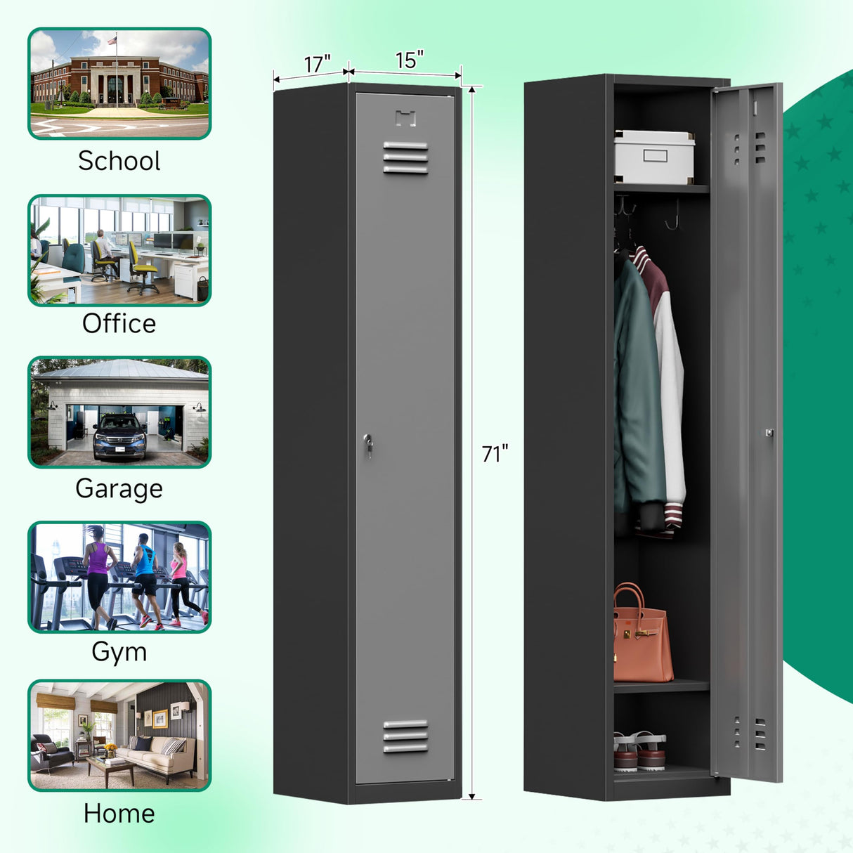 Kooyon Metal Lockers for Employees,71" Steel Storage Cabinet with 1 Door Lockable for Home,Gym,School,Office,Garage/Black Gray-Assembly Required Kooyon