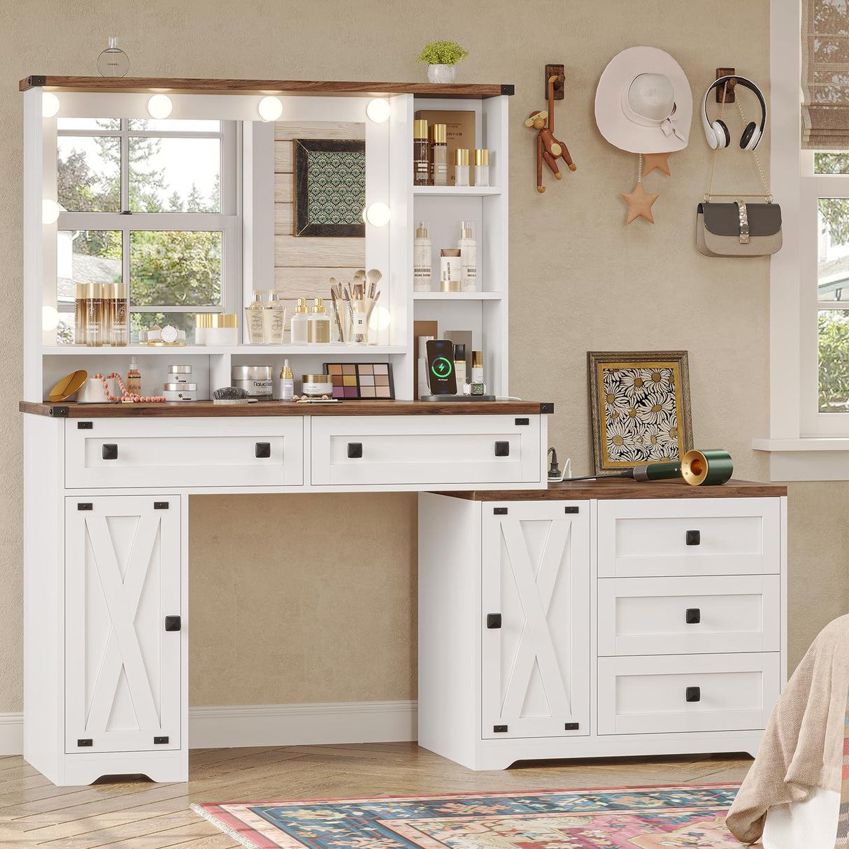 Hasuit Farmhouse Makeup Vanity Desk with Hollywood Makeup Mirror, 56.5" Large Vanity Desk with Charging Station, Vanity Table with Open Shelves & 5 Drawers & 2 Cabinets for Bedroom, Lights Adjustable Hasuit