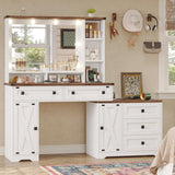 Hasuit Farmhouse Makeup Vanity Desk with Hollywood Makeup Mirror, 56.5" Large Vanity Desk with Charging Station, Vanity Table with Open Shelves & 5 Drawers & 2 Cabinets for Bedroom, Lights Adjustable Hasuit