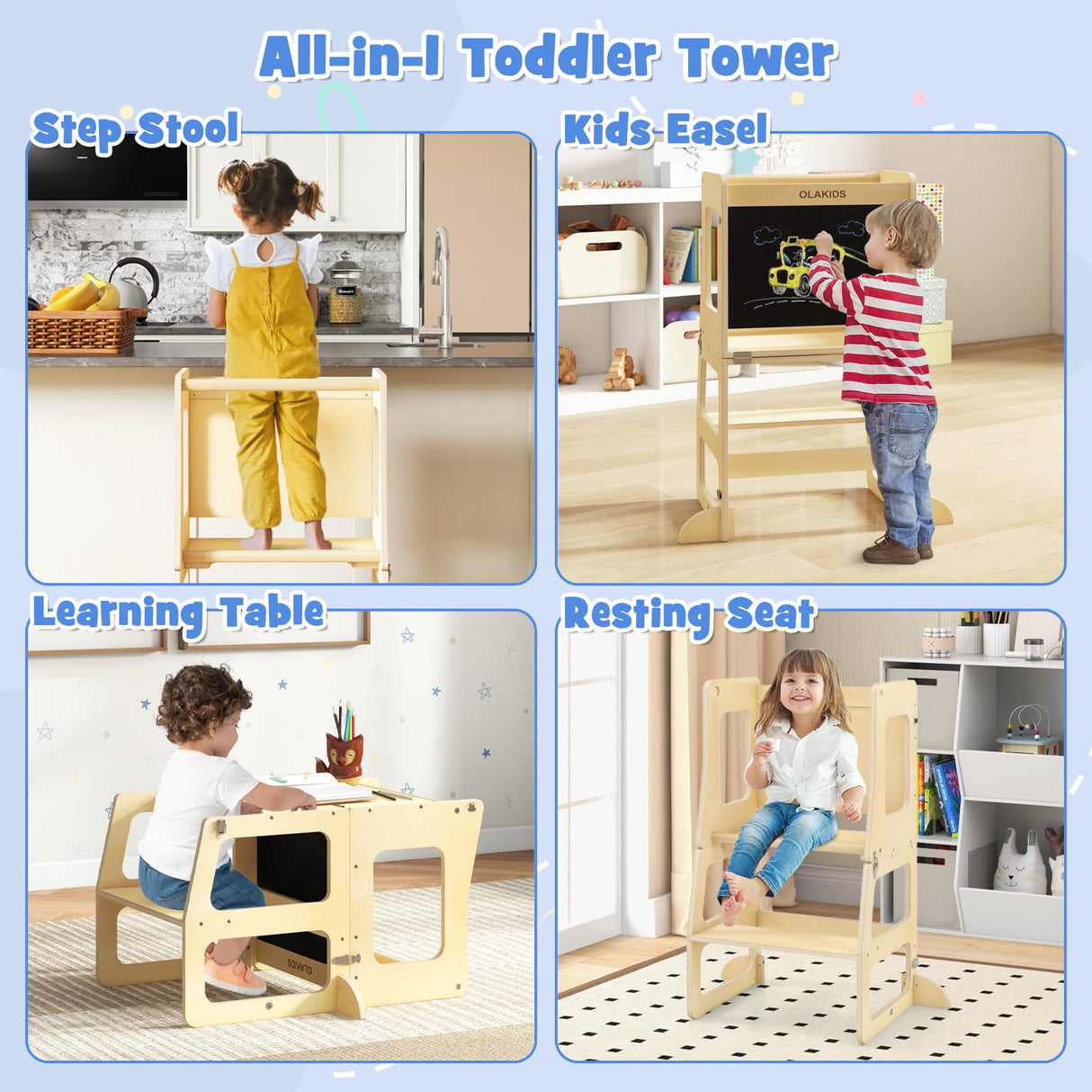 OLAKIDS Toddler Tower, 4 in 1 Foldable Kitchen Stool Learning Standing Tower with Chalkboard Removable Safety Rail, Kids Wooden Collapsible Montessori Step Stool Table and Chair Set Olakids