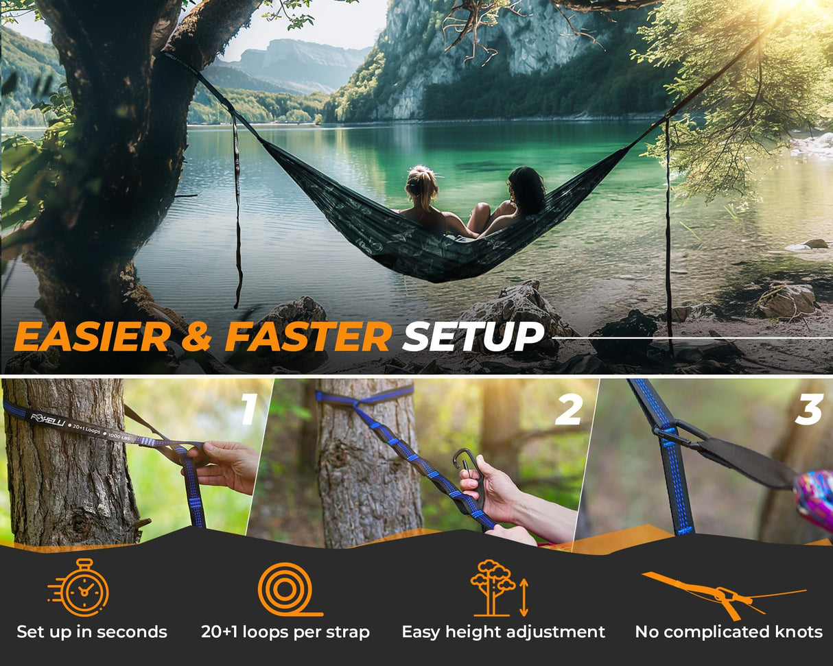 Foxelli XL Hammock Straps - Extra Long 20FT Heavy Duty No-Stretch Suspension System, 40+2 Loops, 2000 LBS Capacity, for Indoor/Outdoor Use – Set of 2 Straps & Carry Bag Foxelli