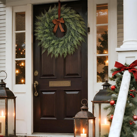 24" Real Touch Artificial Cedar Wreath - Faux Christmas Wreaths for Front Door,Faux Pine Green Wreath for Home, Holiday, Fireplace, Mantle,Wall, Windows, Xmas, Outdoor Decoration FOTEEWL