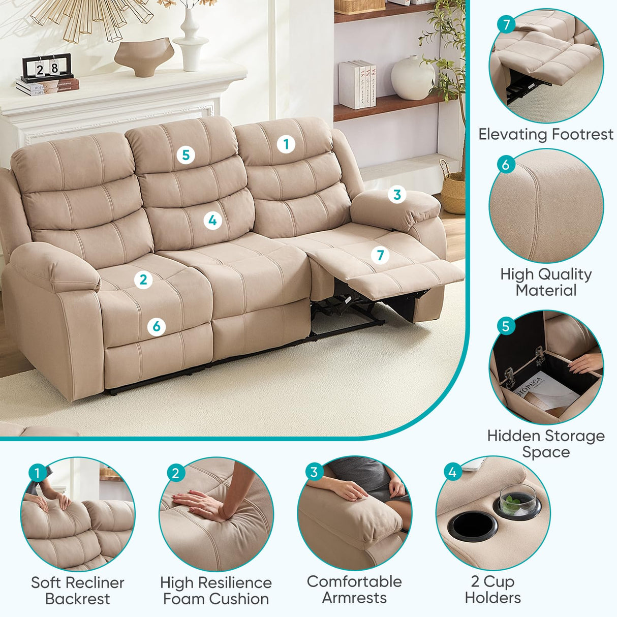 BALUS Faux Leather Reclining Sofa - 3 Seater Manual Recliner with Built-in Storage & Cup Holders, 3 Recliner Couch with Console for Living Room/Office/Home Theater, Beige BALUS