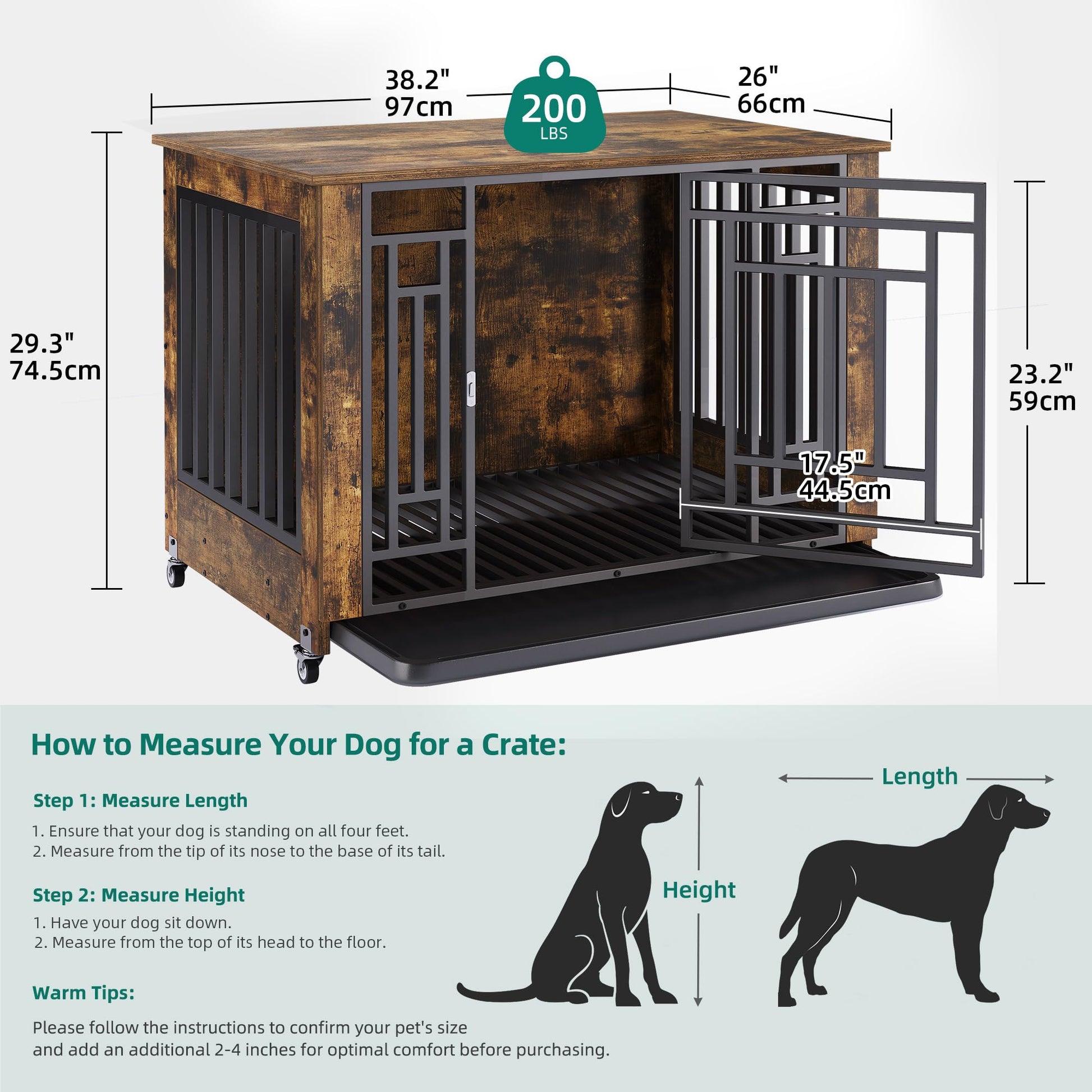 YITAHOME 38" Dog Crate Furniture with Wheels, Heavy Duty Wood Dog Cage Table with Removable Tray, Chew-Resistant Wooden Dog Kennel Indoor for Large and Medium Dogs Rustic Brown - WoodArtSupply