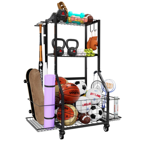 Sports Equipment Organizer, Outdoor Toy Storage Garage Organization - Ball Storage Racks with 2 Side Racks & Durable Baskets, Garage Rolling Ball Cart with Wheels, Hooks for Sports Gear, Bats DreamOak