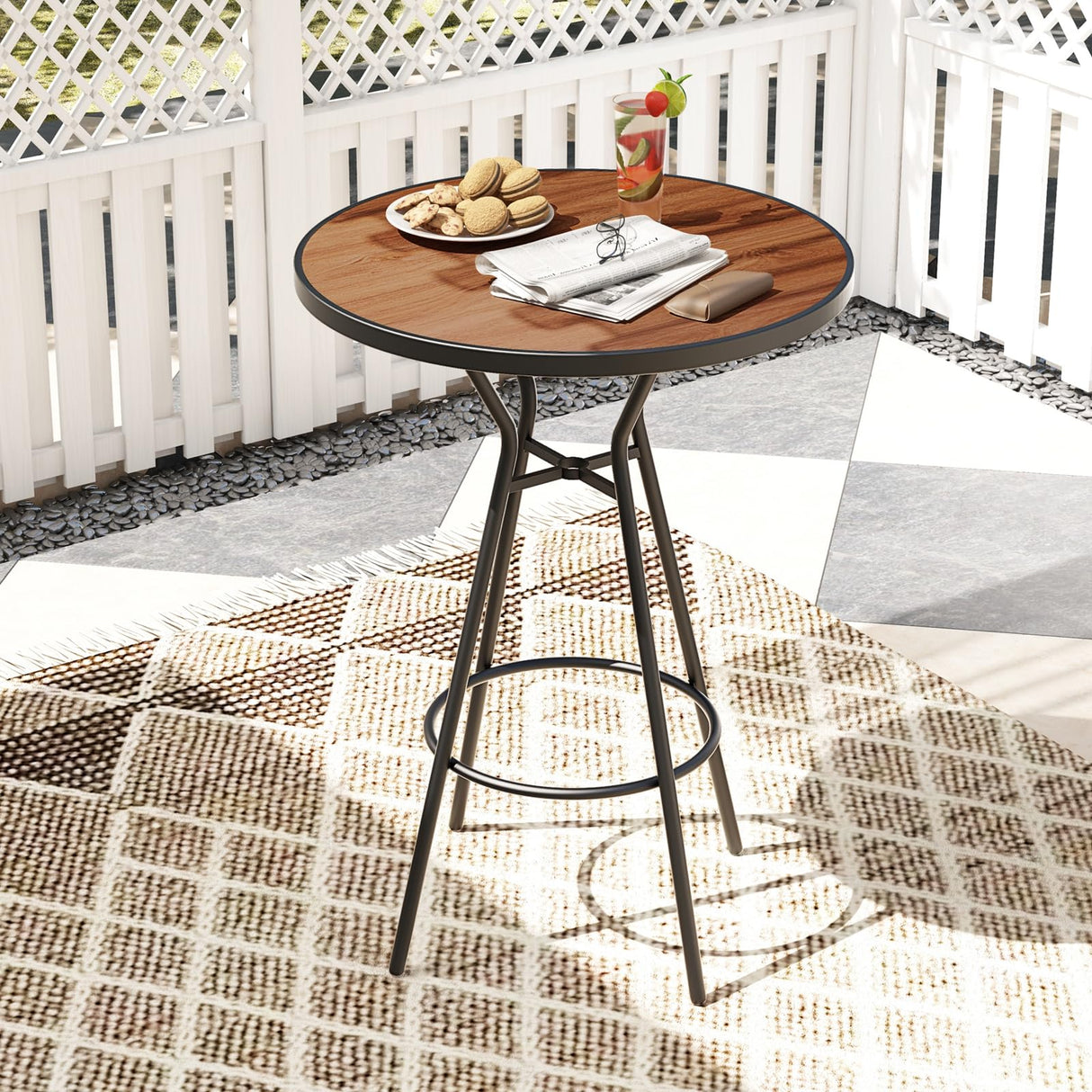 Tangkula 28” Outdoor Bar Table, Round Bar Height Table with Wood-Like Tabletop, Umbrella Hole & Footrest, Patio Bistro Table, High Top Table for Backyard, Garden & Deck Tangkula