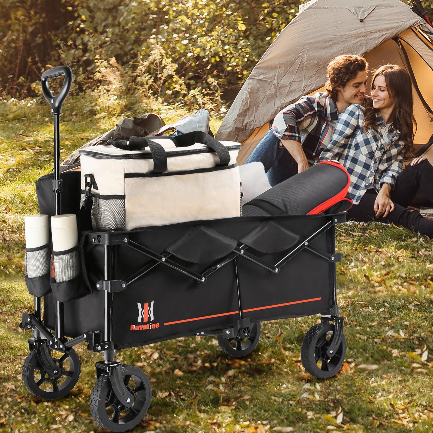 Navatiee Collapsible Folding Wagon, Wagon Cart Heavy Duty Foldable with Two Drink Holders, Utility Grocery Wagon for Camping Shopping Sports, S2, Black