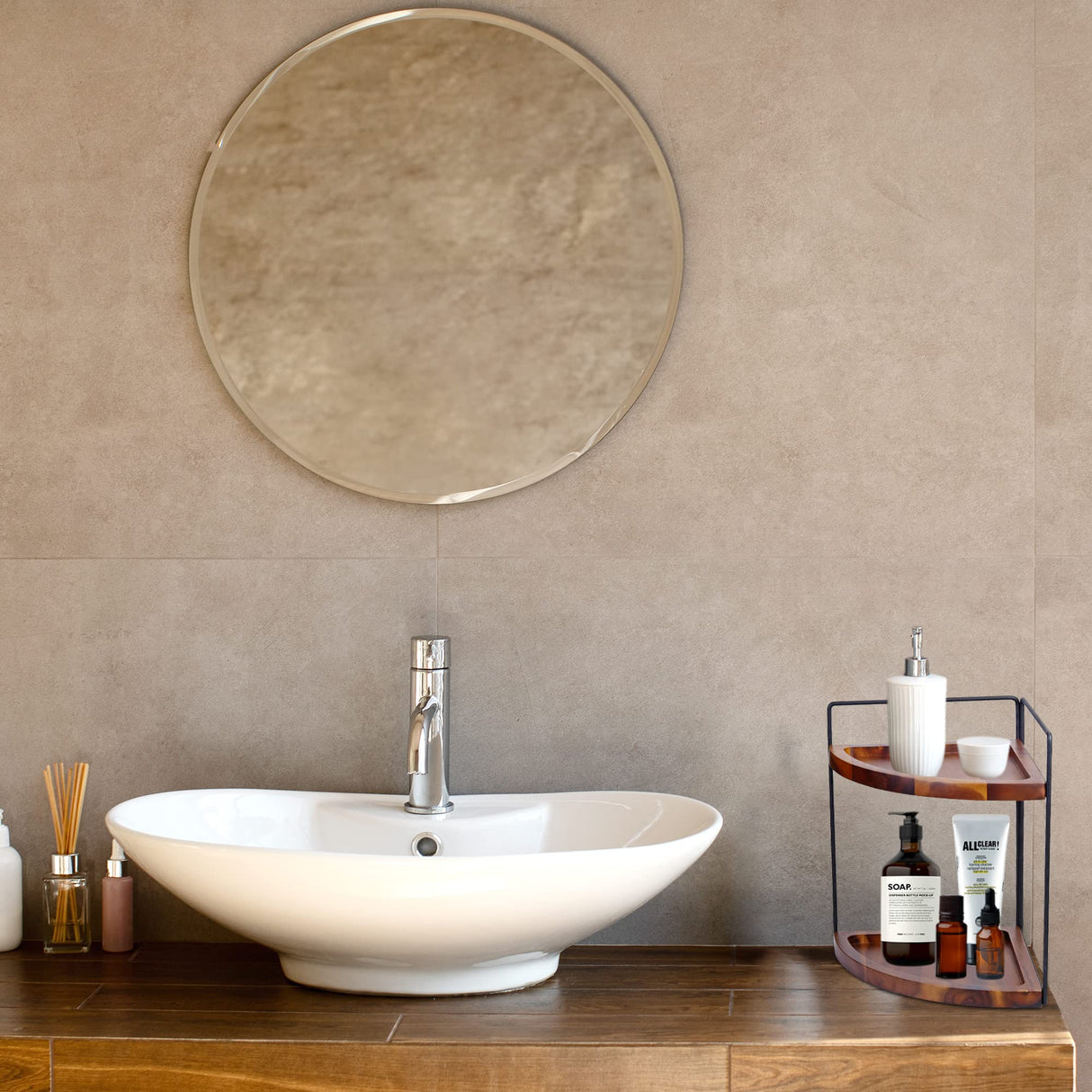 Demigo 2-Tier Acacia Wood Corner Counter Organizer - Elegant Storage Solution for Bathroom, Kitchen, and Vanity Demigo