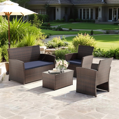 LUCIMUNDI 4 Piece Outdoor Patio Furniture Set, All-Weather Wicker Conversation Sets Include Coffee Table, Armchair, Loveseat, Sectional Furniture for Indoor Outdoor Backyard Pool Garden (Brown & Blue)