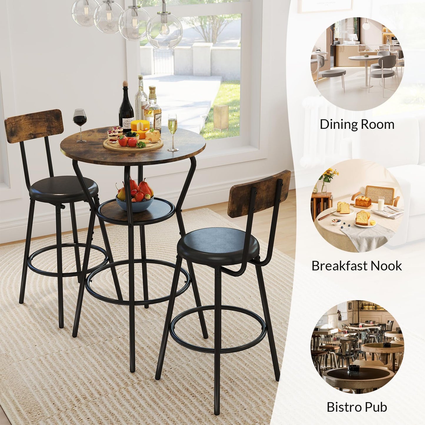 Zevemomo 3-Piece Round Bar Table and Chair Set, Small Dining Table for 2, Breakfast Table with 2 Upholstered Stools, Modern Kitchen Bar Table, for Kitchen, Dining Room & Bistro-Rustic Brown