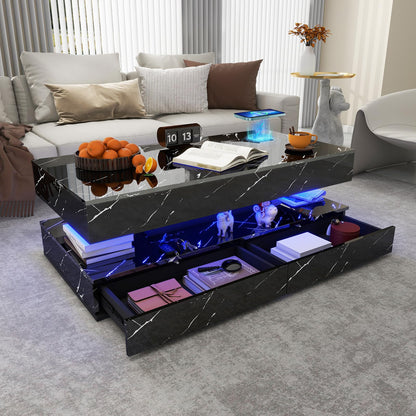 47inch High Glossy LED Coffee Table with Wireless Charging and Speaker, Modern Coffee Table With 2 Sliding Drawers, Double-Layer Center Tables with LED Light, Marble CoffeeTable for Living Room, Black