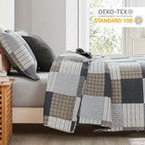 Finlonte Quilt Set Queen Size - 100% Cotton Queen Comforter Set, Plaid Quilted Bedspread Farmhouse Country Bed Spread, Lightweight Reversible Quilt Bedding Set All-Season, Gray/Brown/Black/White, 3Pcs Finlonte