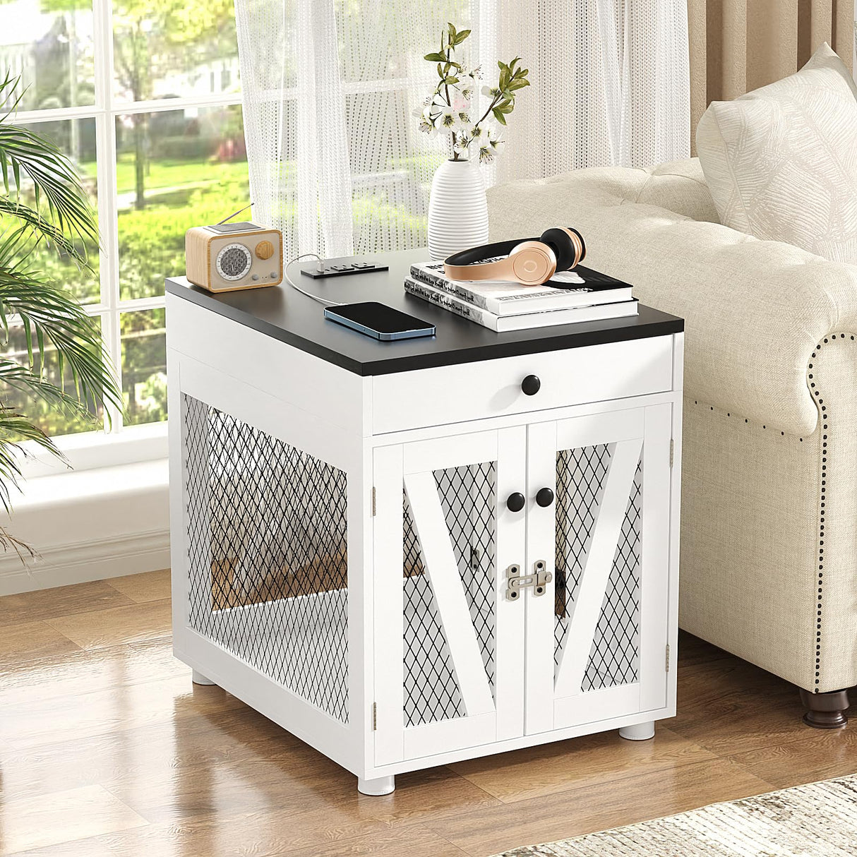 VOWNER Dog Crate Furniture, Wooden Dog Kennel End Table with USB Charging Station, Storage Drawer, Double Latched Door, Furniture-Style Crate Side Table for Small Dogs Under 25 lbs Indoor Use, White VOWNER