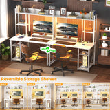 Cyclysio Gaming Desk with Hutch, 39'' Computer Desk with LED Lights & Power Outlets, Home Office Desk with Reversible 5 Tiers Storage Shelves & Monitor Stand, Small Gaming Table for Small Space, White Cyclysio