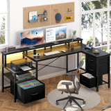 Yoobure L Shaped Desk with Drawers, Gaming Desk with LED Lights & Outlets, 75" Reversible Computer Desk with Storage File Cabinet & Printer Stand, Corner Desk Office Desk with Dual Monitor Stand Black Yoobure