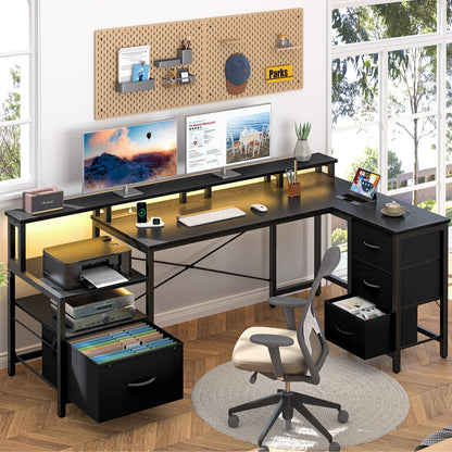 Yoobure L Shaped Desk with Drawers, Gaming Desk with LED Lights & Outlets, 75" Reversible Computer Desk with Storage File Cabinet & Printer Stand, Corner Desk Office Desk with Dual Monitor Stand Black