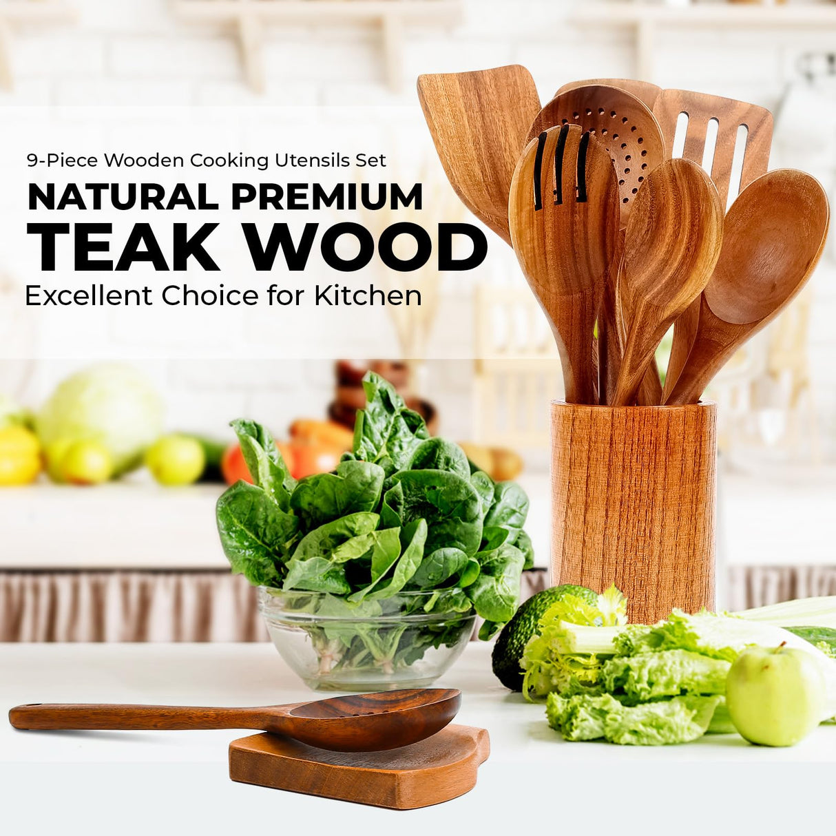 Wooden Spoons for Cooking, Teak Wooden Utensil Set, Handmade Cooking Utensil Set with Spoon Rest and Utensils Holder (9Pcs) Bkiok