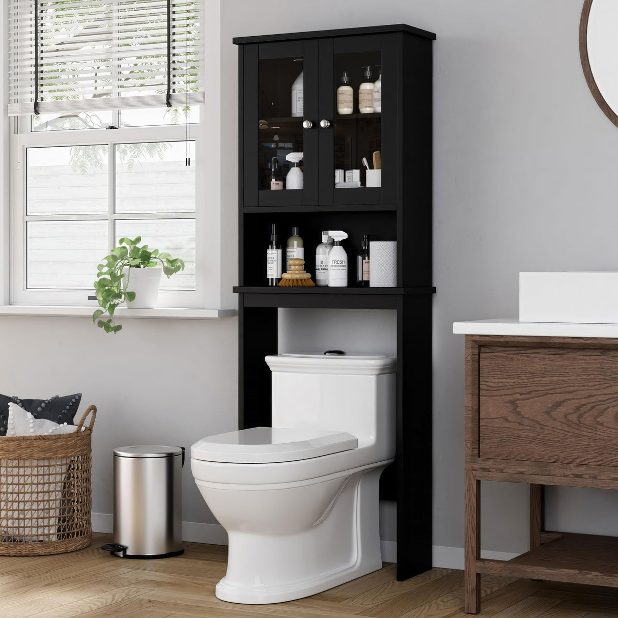 Shintenchi Over The Toilet Storage Cabinet, Bathroom Shelf Organizer with Anti-Tip Device Small Freestanding Space Saver with Adjustable Shelf and Glass Door, Black Shintenchi