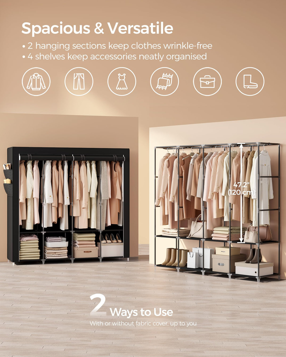SONGMICS Portable Closet, Wardrobe Closet Organizer with Cover, 4 Hanging Rods and Shelves, 4 Side Pockets, 66.9 x 17.7 x 65.7 Inches, Large Capacity for Bedroom, Living Room, Ink Black URYG094B02 SONGMICS