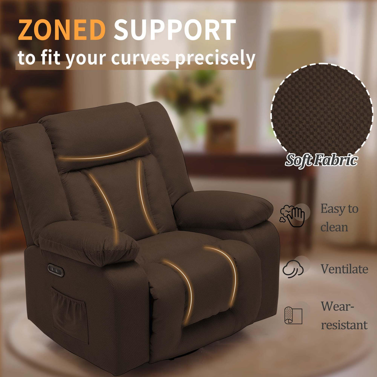 Korser Oversized Power Recliner Chair, Swivel Rocking Chair for Adults, Electric Glider Reclining with Massage and Heating, Waffle Fabric Rocker Recliner with Side Pockets for Living Room, Bedroom Korser