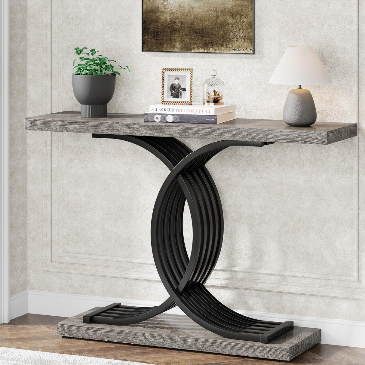 Tribesigns Industrial Entryway Table, 39-Inch Vintage Console Table Accent Table with Geometric Metal Legs, Narrow Wood Sofa Table Foyer Table for Entrance, Living Room (Gray & Black) Tribesigns