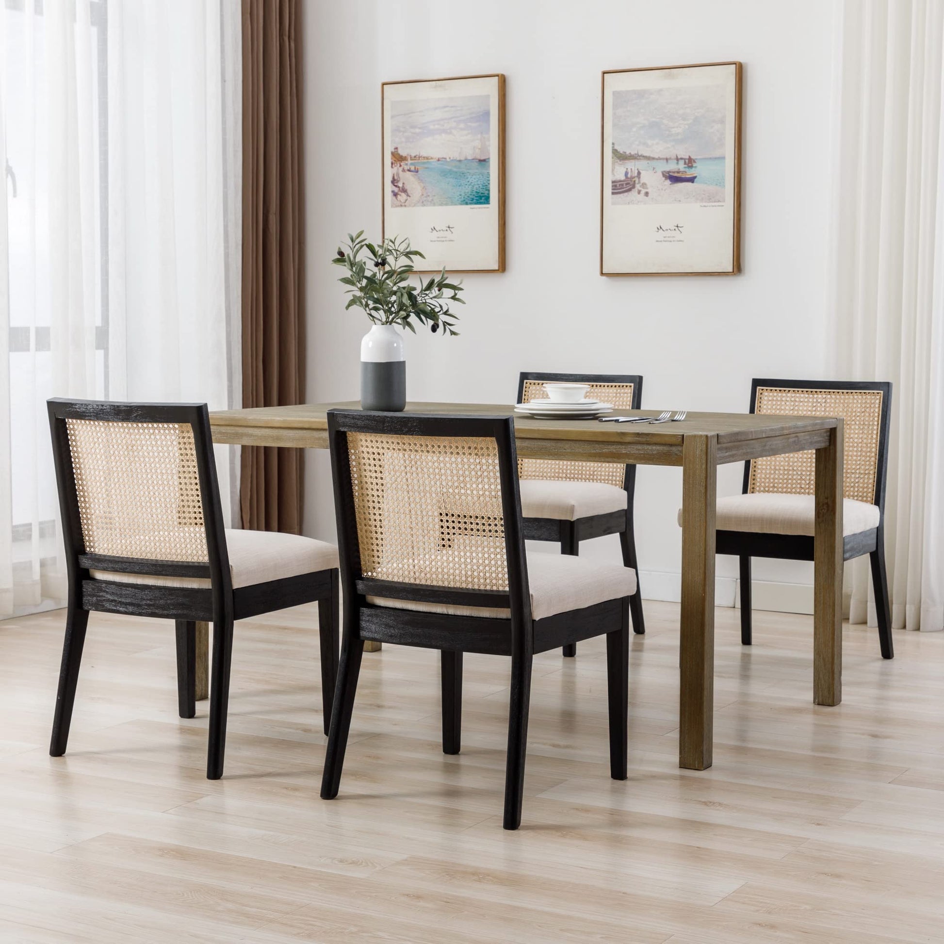 BESTANO Farmhouse Rattan Dining Chairs Set of 4 Black Wood Dining Room Chairs Rectangle Cane Country Kitchen Chairs Upholstered Dining Chair for Dining Room, Cream Linen - WoodArtSupply