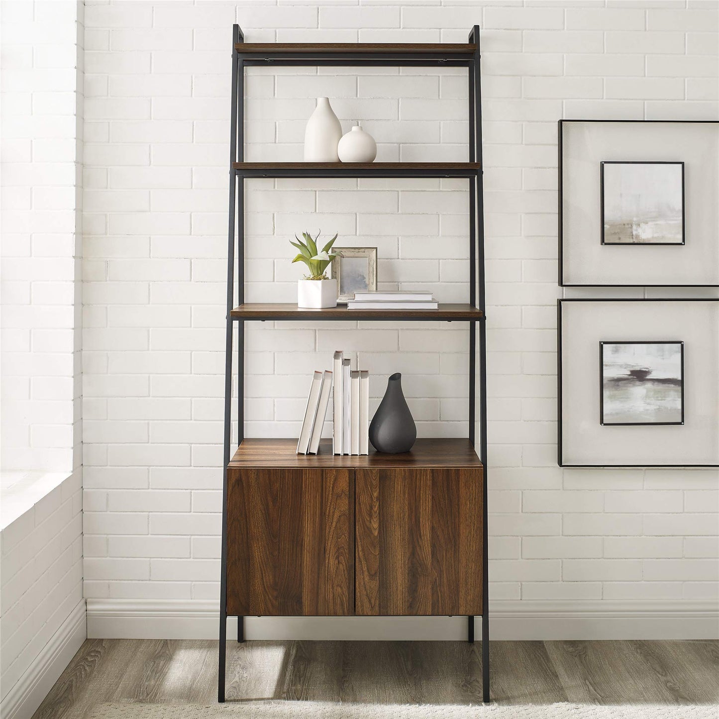 Industrial Dark Walnut Ladder Bookcase & Cabinet by Walker Edison - 72 Inch Home Office Workstation - WoodArtSupply