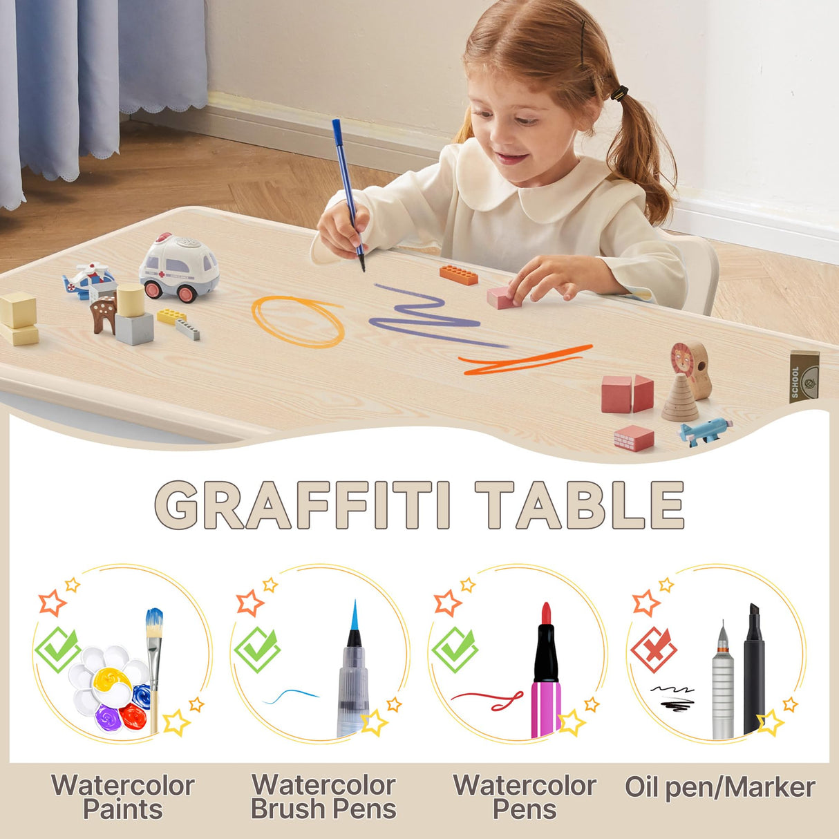 GITAWUSA Kids Study Table and Chairs Set, Height Adjustable Toddler Table and Chair Set for Kids Ages 3-8, 23.6" L x 23.6" W Graffiti Desktop Plastic Children Art Table with 2 Seats, Burlywood GITAWUSA