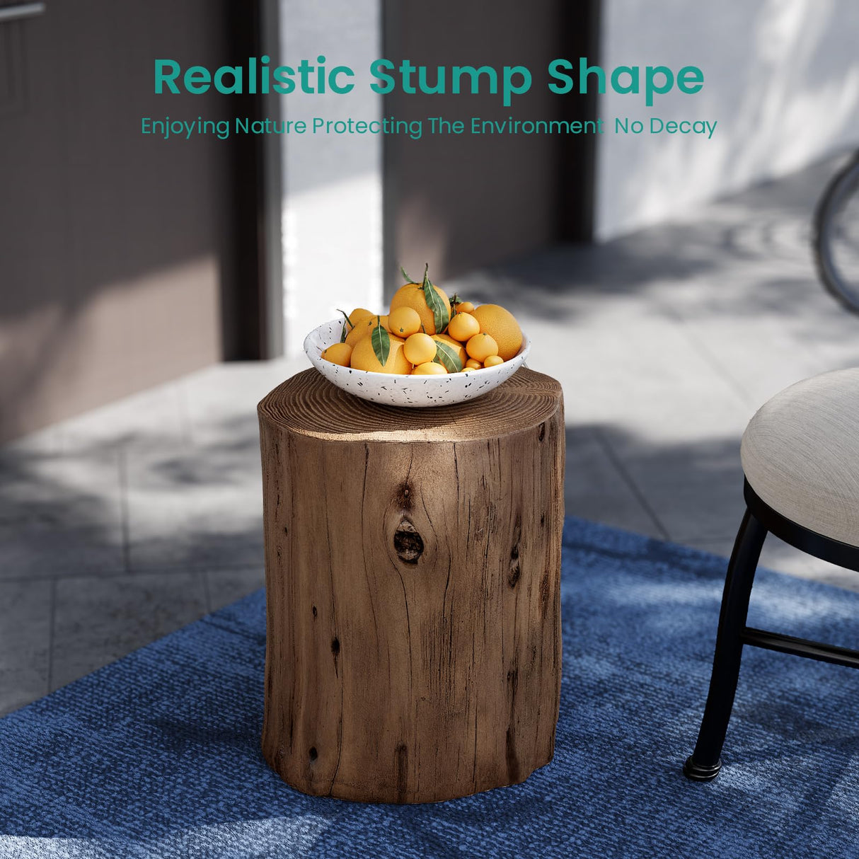 SUNBURY Outdoor Stump Side Table, Faux Wooden Concrete Side Table, Tree Stump Wooden Stool, Patio End Table, Round Outdoor Accent Drum Table, Light Brown Ottoman or Plant Stand SUNBURY
