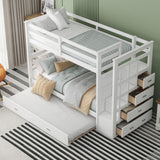 Harper & Bright Designs Twin Over Twin Bunk Bed with Trundle and Staircase, Solid Wood Bunk Bed for Kids Teens Adults (Natural White) Harper & Bright Designs