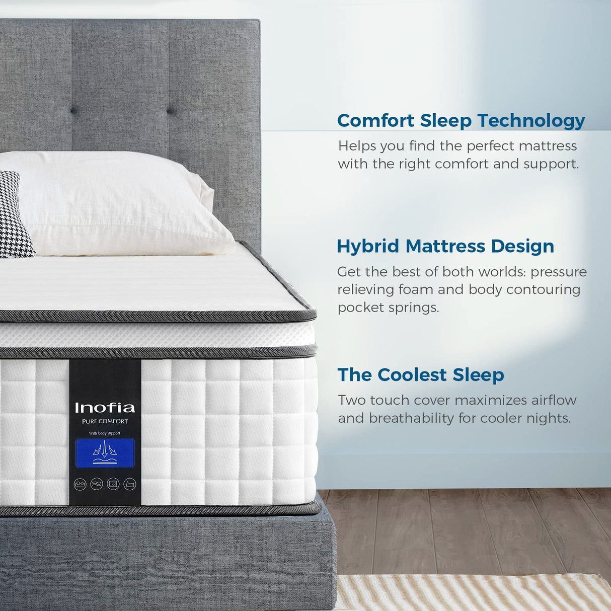 Inofia Twin Mattress, 10 Inch Twin Size Hybrid Mattress with Cool Memory Foam, Breathable Comfortable Single Mattress, Motion Isolating Individually Wrapped Coils, Supportive&Pressure Relief Inofia