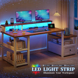 EnHomee 63" Farmhouse Style Computer Desk with Drawers and LED Lights, Storage Shelves and Power Outlets, Home Office Desks with Long Monitor Stand for Work, Study, Writing, Antique White. EnHomee