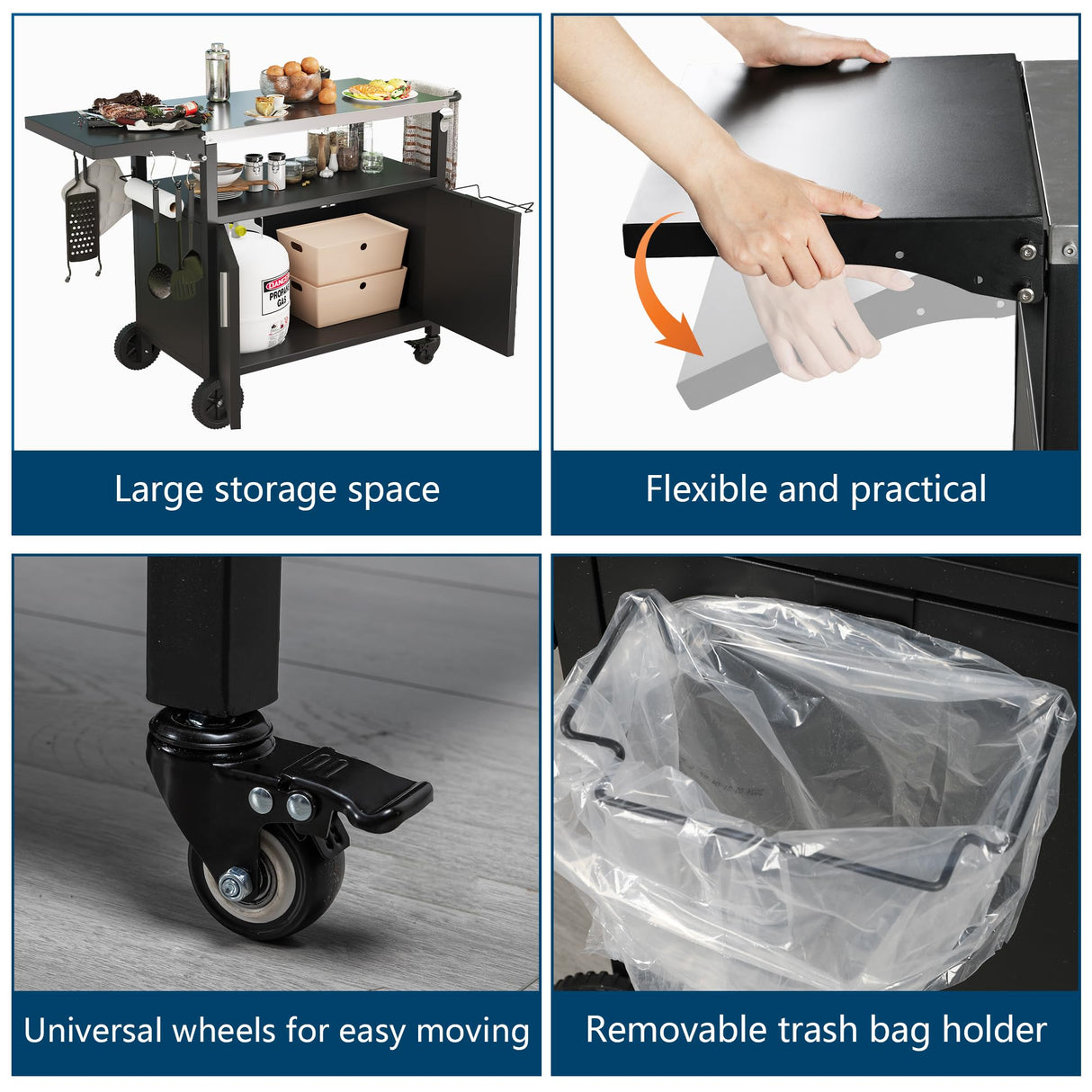 JY QAQA Outdoor Grill Cart with Storage,Patio Kitchen Island Outdoor Grill Table with Wheels,BBQ Cart Movable Pizza Oven Table Stand, Storage Cabinet, Foldable Tabletop, Black JY QAQA PET