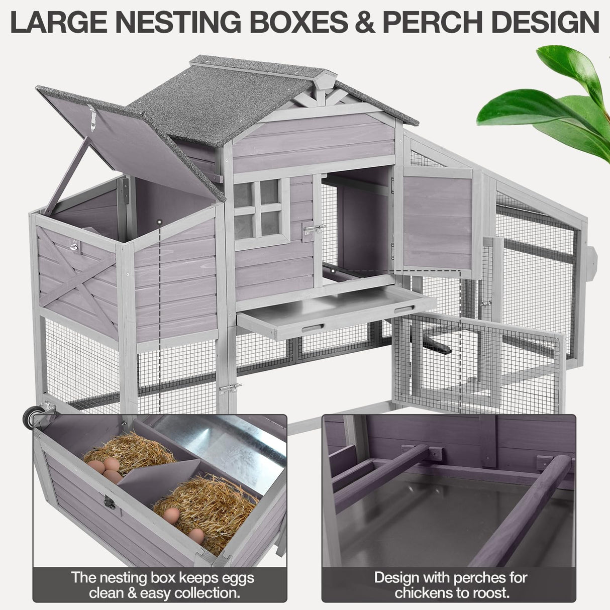 MEDEHOO Chicken Coop with Wheels Wooden Outdoor Chicken House Easy Cleaning with Nesting Box, Deeper Leakproof Pull-Out Tray and UV Proof Panel Roof - Reinforced Version MEDEHOO