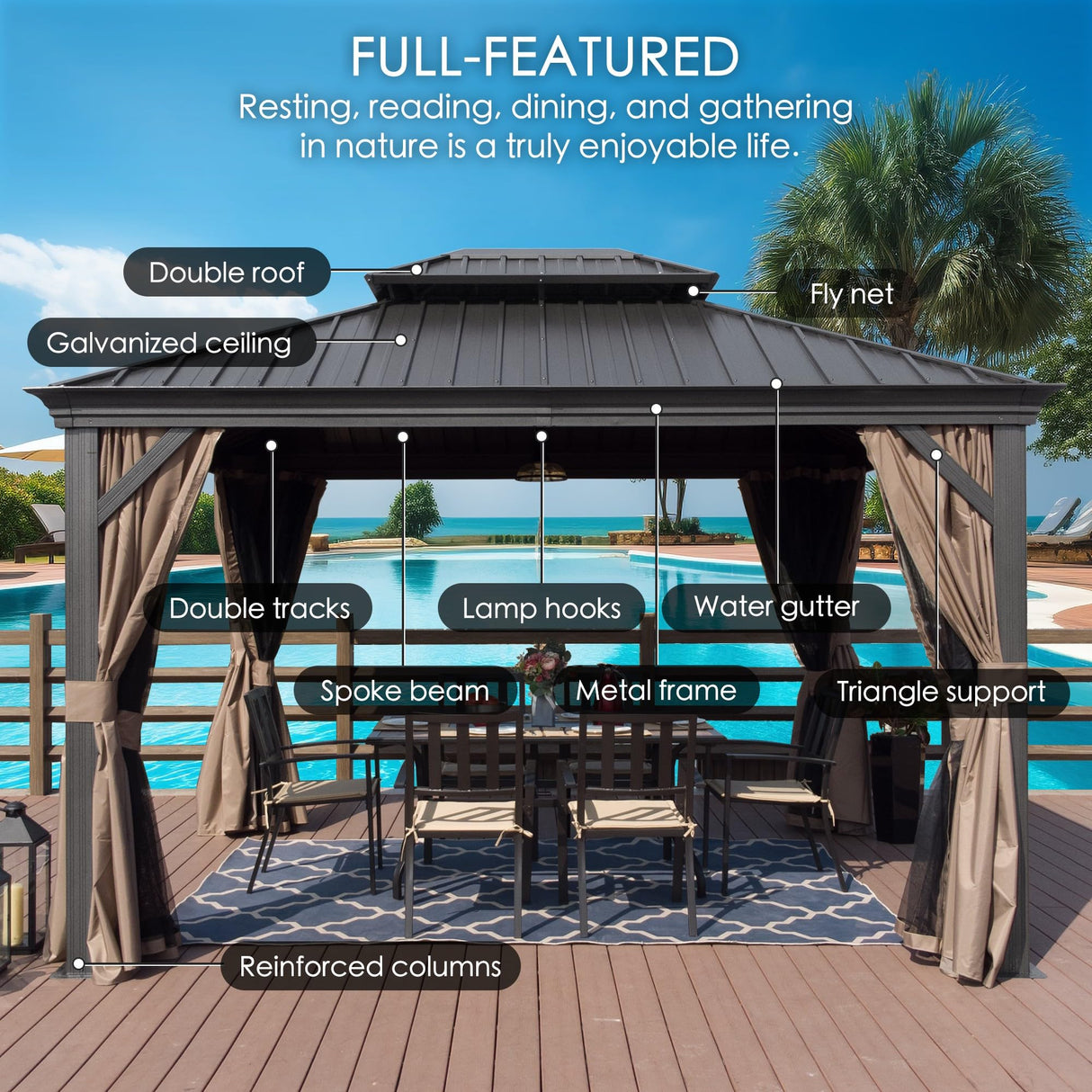 Kozyard Alexander 12‘ X 16’ Hardtop Aluminum Permanent Gazebo with a Mosquito Net and Privacy Sidewalls, Permanent Gazebo Pavilion for Patio, Backyard (Alexander 12'x16' (Brown)) Kozyard