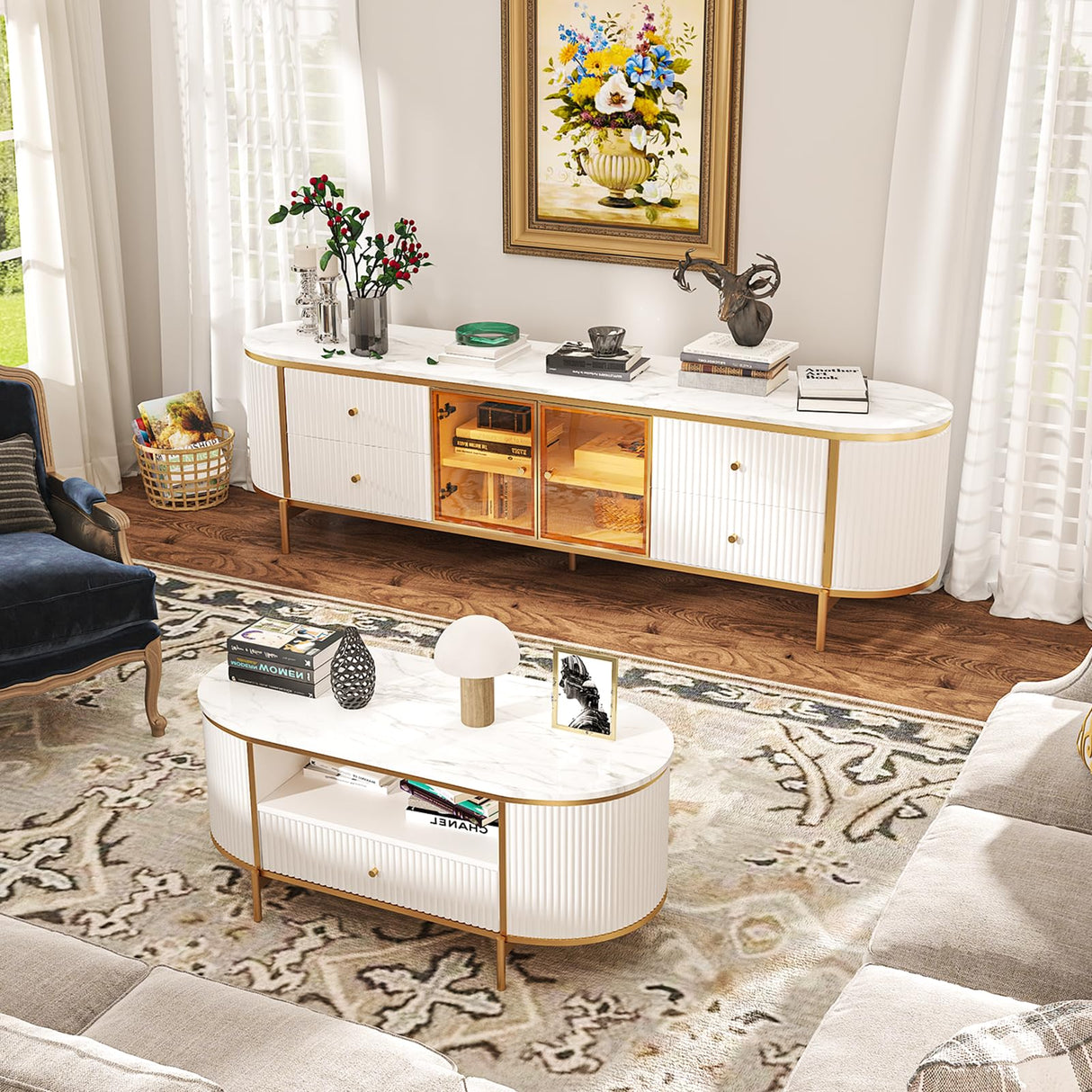 oneinmil Luxury 70" Fluted TV Stand for TVs Up to 75", Modern Entertainment Center with Faux Marble Top, Media Console with Curved Profile Design, Television Stands for Living Room, White oneinmil