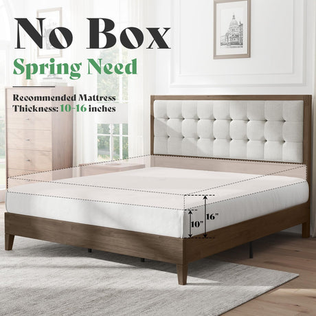 AMERLIFE King Size Solid Wood Bed Frame with Tall Tufted Headboard, Mid-Century Style, No Box Spring Required, Easy Assembly, Ash Gray AMERLIFE